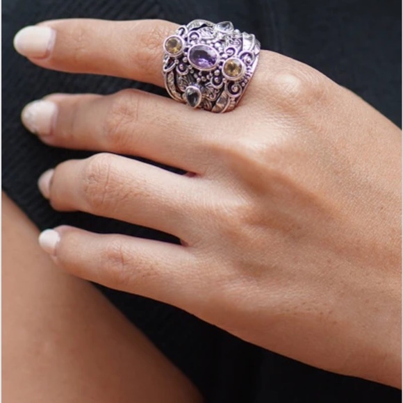 Balinese Amethyst & Blue Topaz Sterling Silver Cocktail Ring – Size 10 - Picture 2 of 7